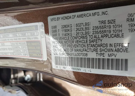 2020 Acura Rdx Standard from USA, damaged, VIN 5J8TC2H31LL007008